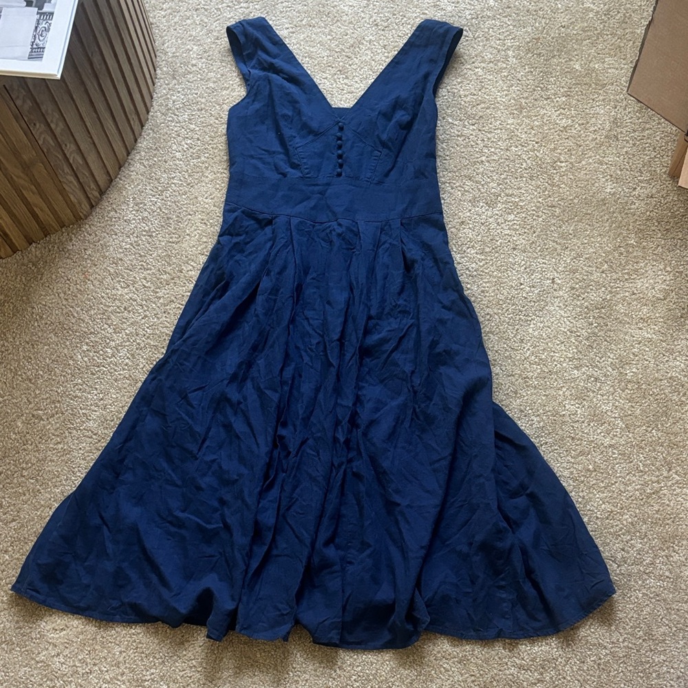 Banana Republic Linen Blend Deep Navy V-Neck Midi Dress
